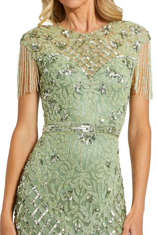 Close-up of the illusion beaded lattice neckline, fringe cap sleeve and beaded waistband by Mac Duggal at Mrs. G