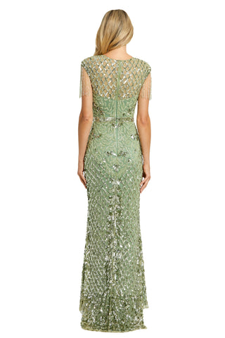 Back view of the sage green beaded gown showing the illusion lattice yoke and center back zip by Mac Duggal at Mrs. G