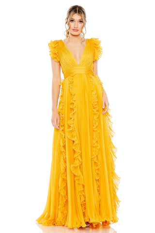 Full-length front view of the yellow ruffle gown with a deep V-neck and ruffled cap sleeves by Mac Duggal at Mrs. G