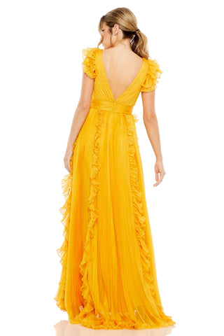 Back view of the yellow chiffon gown showing the V-back, cummerbund waist and ruffled hem by Mac Duggal at Mrs. G
