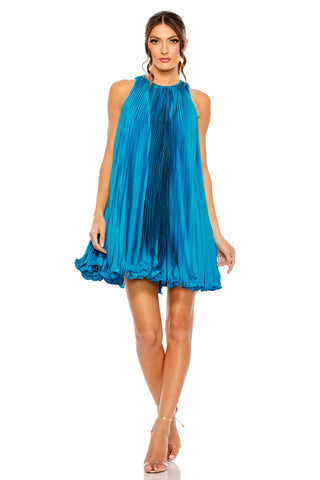 Full-length front view of the ocean blue pleated halter mini dress with a rosette ruffle hem by Mac Duggal at Mrs. G