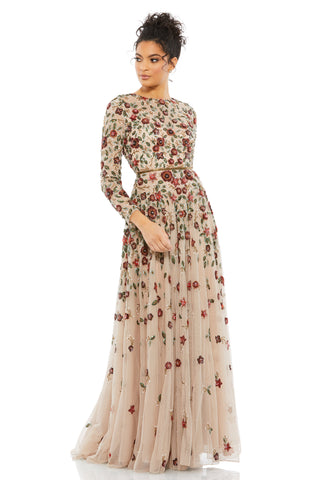 Three-quarter front view of the antique rose tulle gown with sequined flowers and long sleeves by Mac Duggal at Mrs. G