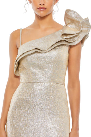 Close-up of the tiered ruffle shoulder, thin strap and fitted bodice on the metallic mini dress by Mac Duggal at Mrs. G