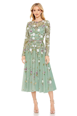Full-length front view of the sage multi sequin floral midi dress with long sheer sleeves by Mac Duggal at Mrs. G