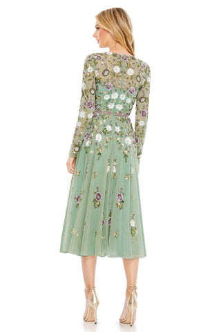 Back view of the sage multi beaded midi dress with embellished sleeves and bodice by Mac Duggal at Mrs. G