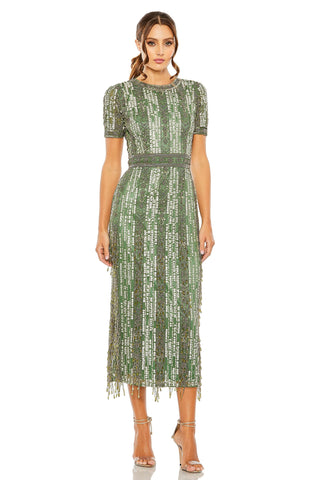 Full-length front view of the sage green beaded fringe midi dress with short sleeves by Mac Duggal at Mrs. G
