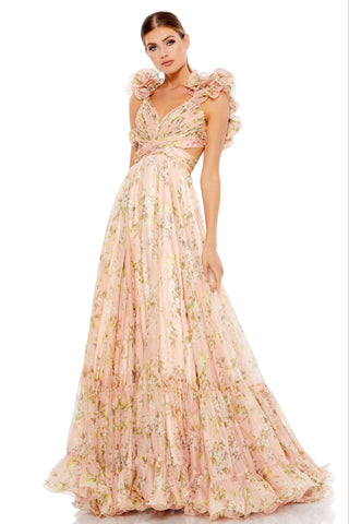 Full-length front view of the pink floral chiffon gown with ruffle rosette shoulders by Mac Duggal at Mrs. G