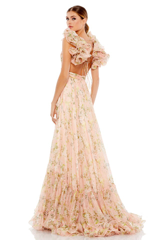 Back view of the pink multi floral chiffon gown showing the lace-up open back and tiered sweeping hem by Mac Duggal at Mrs. G