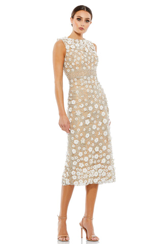 Three-quarter front view of the beige midi dress with 3D ivory flowers and beaded waistband by Mac Duggal at Mrs. G