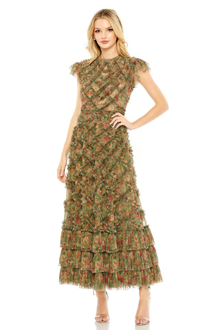 Full-length front view of the green floral ruffle maxi dress with cap sleeves and tiered hem by Mac Duggal at Mrs. G