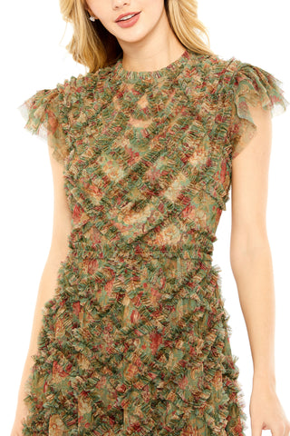 Close-up of the crisscross ruffled frills and illusion high neckline on the green maxi dress by Mac Duggal at Mrs. G