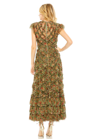 Back view of the green floral ruffle maxi dress showing the center back zip and tiered hem by Mac Duggal at Mrs. G