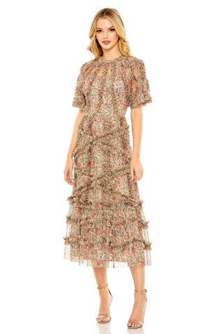 Front view of the beige floral ruffle midi dress with flutter sleeves and tiered skirt by Mac Duggal at Mrs. G