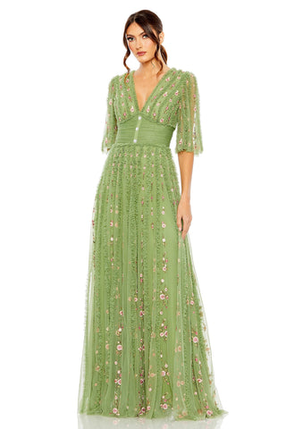 Full-length front view of the moss green floral embroidered gown with V-neck and sheer half sleeves by Mac Duggal at Mrs. G