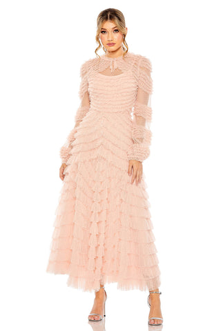 Full-length front view of the pink ruffle maxi dress with long illusion sleeves by Mac Duggal at Mrs. G