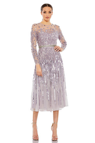 Full-length front view of the vintage lilac midi dress with long beaded sleeves and a rhinestone waist by Mac Duggal at Mrs. G