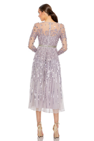Back view of the vintage lilac beaded midi dress showing the illusion upper back and vertical sequin skirt by Mac Duggal at Mrs. G