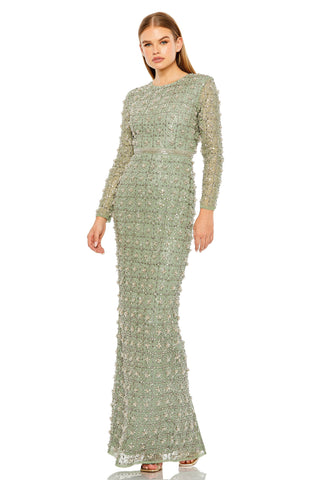 Full-length three-quarter view of the jade beaded column gown with long sleeves by Mac Duggal at Mrs. G