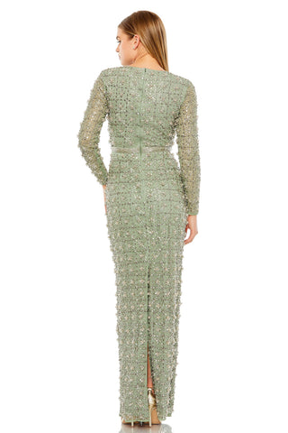 Back view of the jade beaded gown showing the center zipper and back vent at the hem by Mac Duggal at Mrs. G