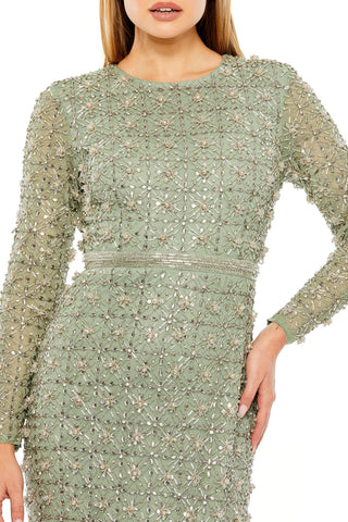 Waist-up close-up of the bead and crystal lattice and the slim sequin waist band by Mac Duggal at Mrs. G