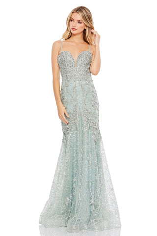 Full-length front view of the beaded sweetheart trumpet gown with spaghetti straps by Mac Duggal at Mrs. G