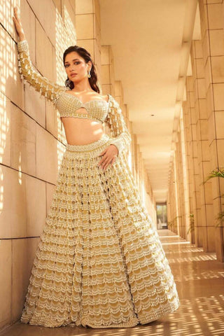 Lehenga for Indian Bridal Wear – Green Piroi Chandelier Pearl Drop by Vvani By Vani Vats