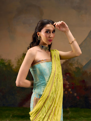 Multicolor Banarasi Bandhani Skirt Set with Tassels by Muskkaan Kapadia