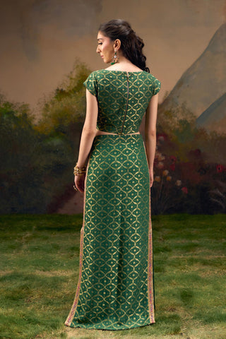 Green Banarasi Bandhani Lehenga Set by Muskkaan Kapadia