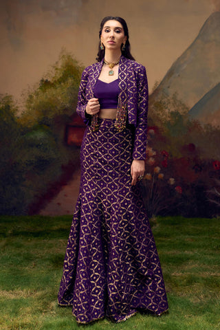 Purple Banarasi Bandhani Lehenga Set with Tassel Jacket