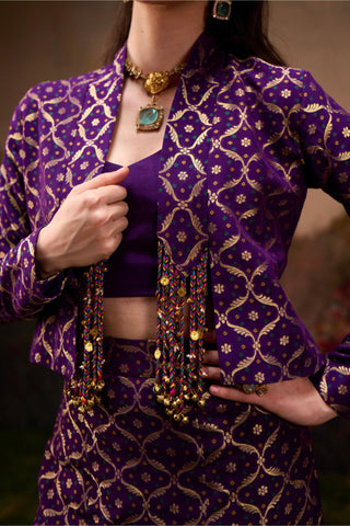 Purple Banarasi Bandhani Lehenga Set with Tassel Jacket