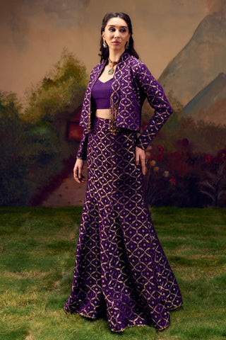 Purple Banarasi Bandhani Lehenga Set with Tassel Jacket