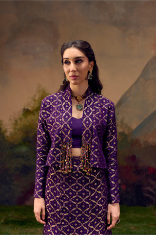 Purple Banarasi Bandhani Lehenga Set with Tassel Jacket
