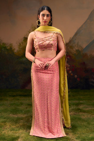 Pink Banarasi Bandhani Skirt Set with Braided Detailing by Muskkaan Kapadia