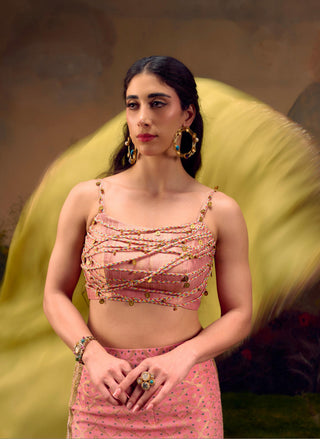 Pink Banarasi Bandhani Skirt Set with Braided Detailing by Muskkaan Kapadia