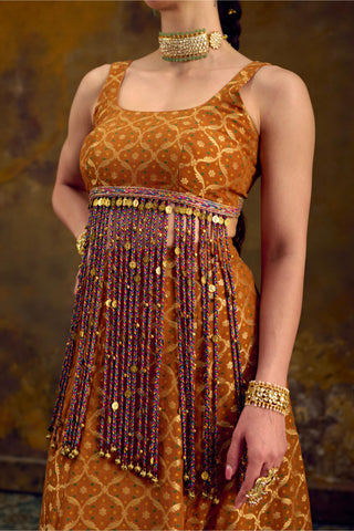 Yellow Banarasi Bandhani Lehenga Set with Cascading Tassels by Muskkaan Kapadia
