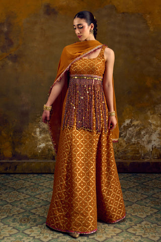 Yellow Banarasi Bandhani Lehenga Set with Cascading Tassels by Muskkaan Kapadia