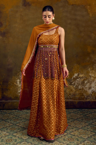 Yellow Banarasi Bandhani Lehenga Set with Cascading Tassels by Muskkaan Kapadia