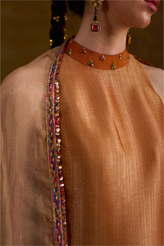 Yellow Banarasi Brocade Kurta Set with Tissue Dupatta by Muskkaan Kapadia