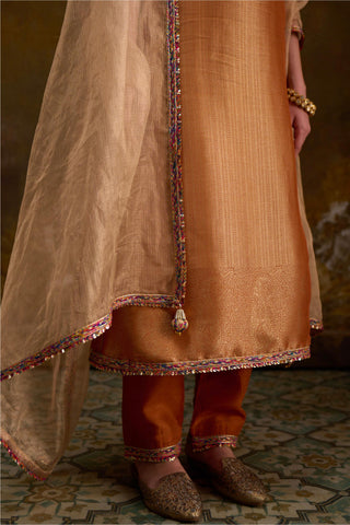 Yellow Banarasi Brocade Kurta Set with Tissue Dupatta by Muskkaan Kapadia