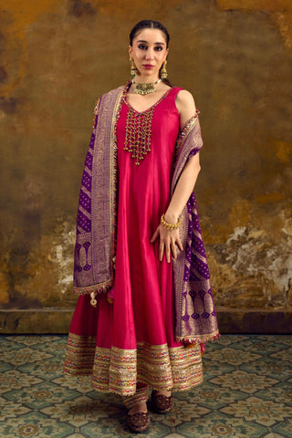 Pink Chanderi Silk Anarkali Set with Purple Banarasi Dupatta by Muskkaan Kapadia