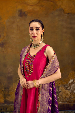 Pink Chanderi Silk Anarkali Set with Purple Banarasi Dupatta by Muskkaan Kapadia