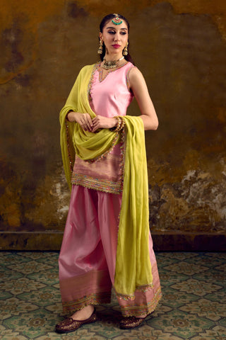 Pink Chanderi Silk Farshi Salwar Set with Lime Green Dupatta by Muskkaan Kapadia