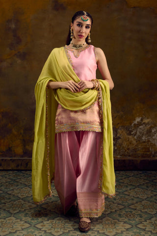 Pink Chanderi Silk Farshi Salwar Set with Lime Green Dupatta by Muskkaan Kapadia