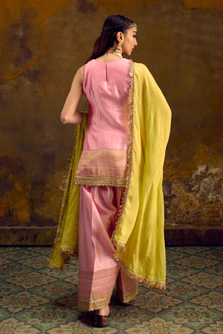 Pink Chanderi Silk Farshi Salwar Set with Lime Green Dupatta by Muskkaan Kapadia