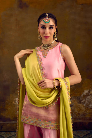Pink Chanderi Silk Farshi Salwar Set with Lime Green Dupatta by Muskkaan Kapadia