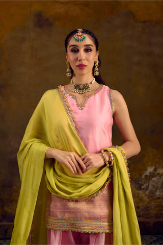 Pink Chanderi Silk Farshi Salwar Set with Lime Green Dupatta by Muskkaan Kapadia