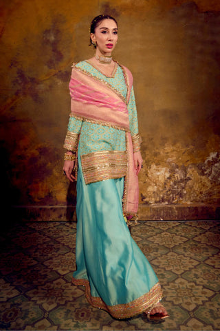 Aqua Blue Chanderi Silk Kurta Set with Banarasi Bandhani Dupatta by Muskkaan Kapadia