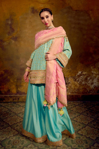 Yellow Banarasi Bandhani Lehenga Set with Tassel Detailing by Muskkaan Kapadia