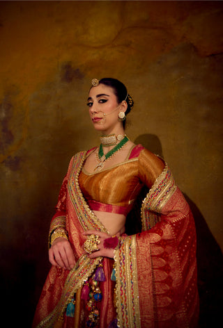 Multicolor Banarasi Brocade Lehenga Set with Tassels by Muskkaan Kapadia