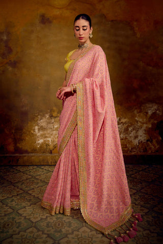 Blush Pink Banarasi Bandhani Saree with Lime Green Blouse